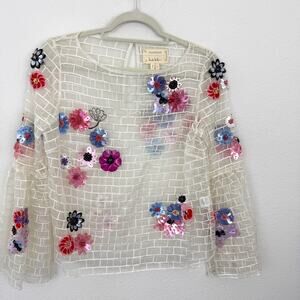 Nicole Miller Artelier Womens Sheer Avante Garde Top Size S Beaded Sequin Floral
